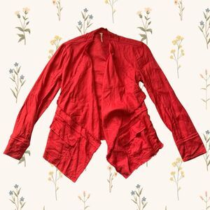 Free People Tomato Red Draped Waterfall Jacket XS Raw Edge Open Front Boho